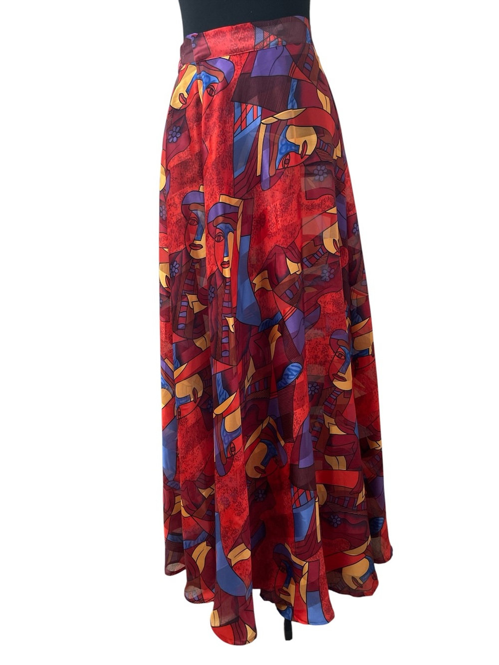 Bold AKIRA Sheer Red Multicolor Abstract Chiffon Statement Maxi Skirt